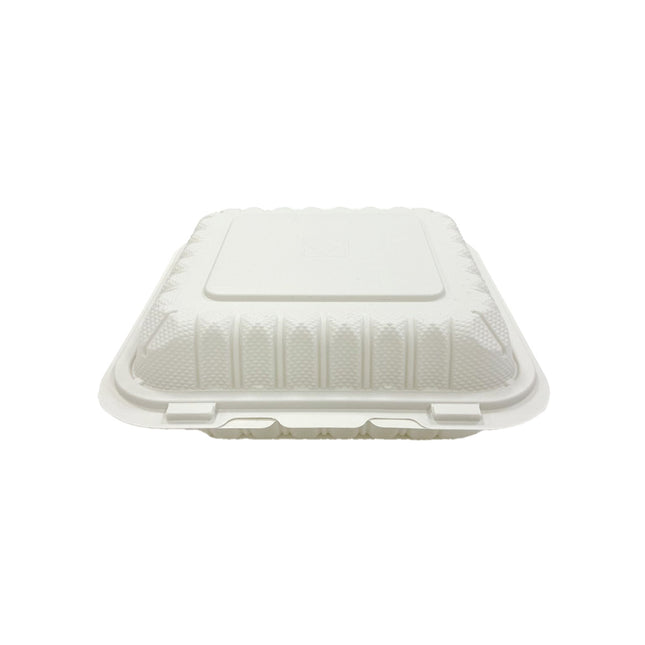 803 MFPPHT3 ProPlanet 8" x 8" x 3" White Mineral-Filled 3 Compartment Hinged Lid Takeout Container - 150/Case