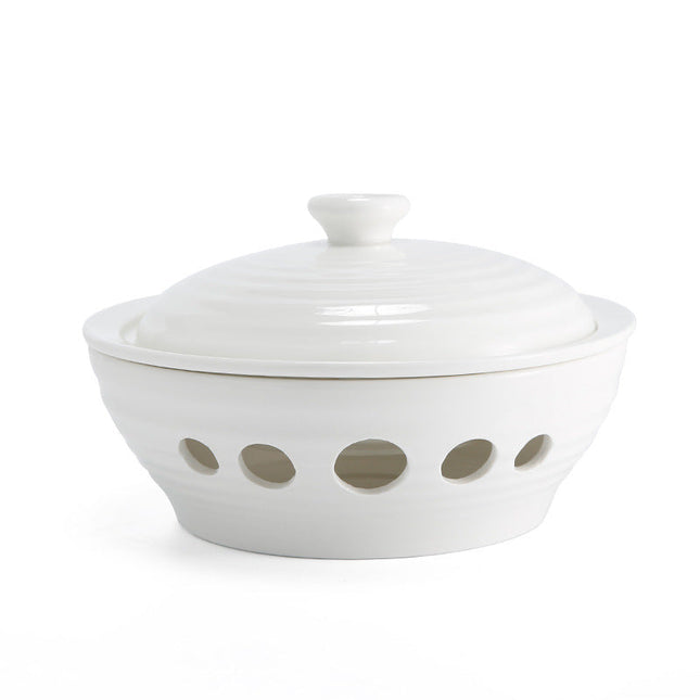 Ceramic Hot Dish Plate With Lid Come With Candle Warmer For Restaurant Hotel