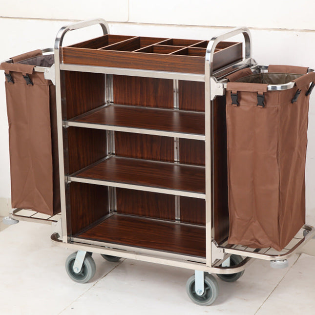Housekeeping Cart With 3 Shelves 2 Venyl Bags Hotel Trolley Service Truck Cleaning Dolly-Stainless Steel