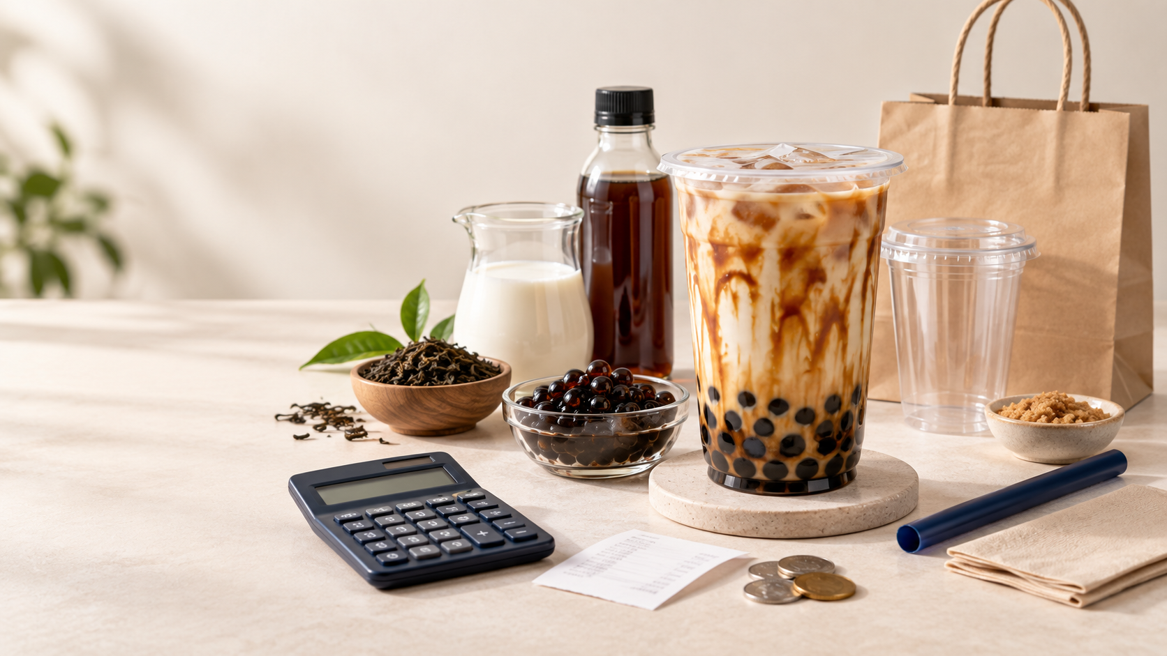 Bubble tea with ingredients, packaging, a calculator, receipt, and coins illustrating the true cost per cup.