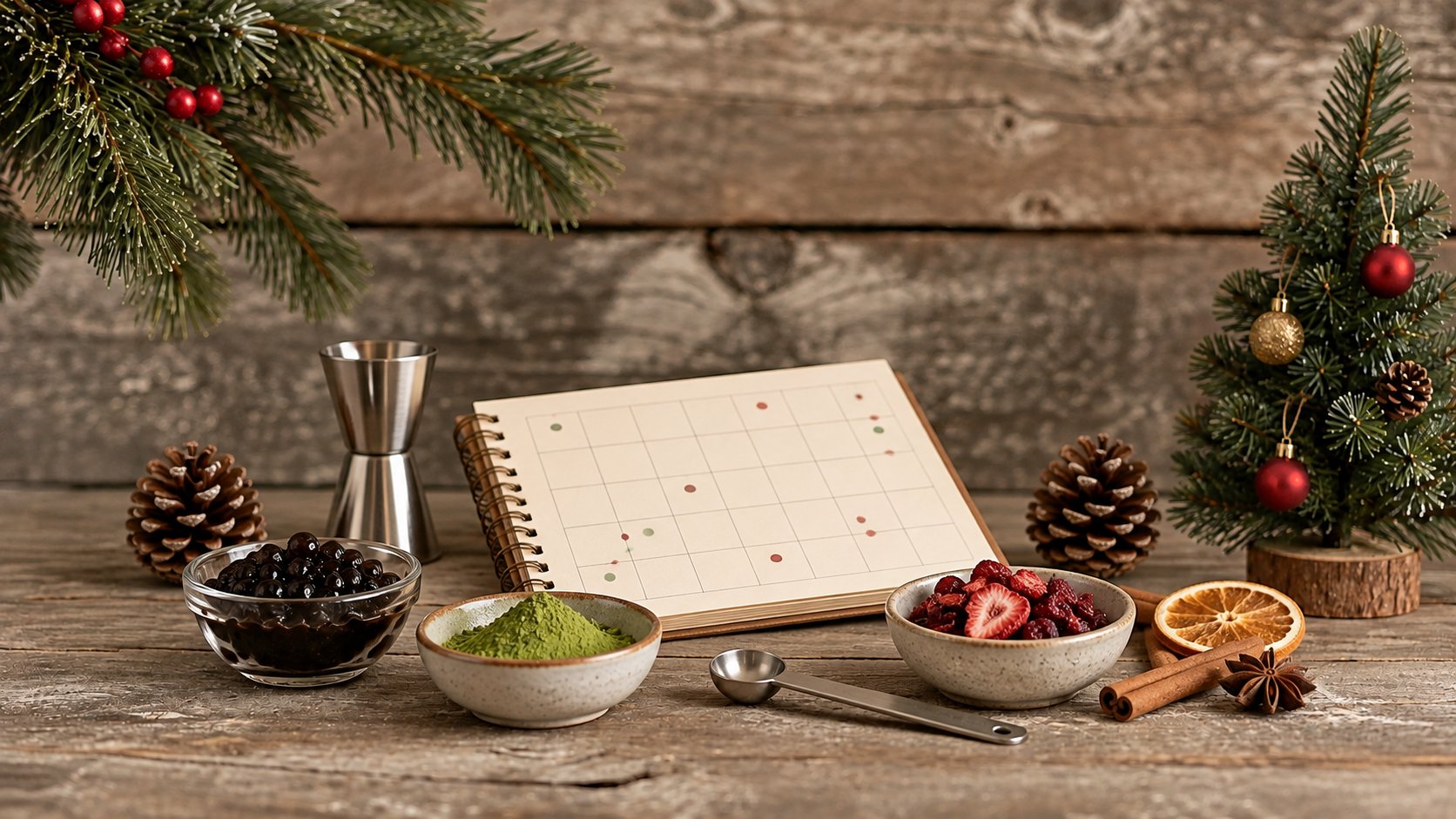 Rustic Christmas drink planning scene with tapioca pearls, matcha, dried berries, measuring tools, and a calendar.