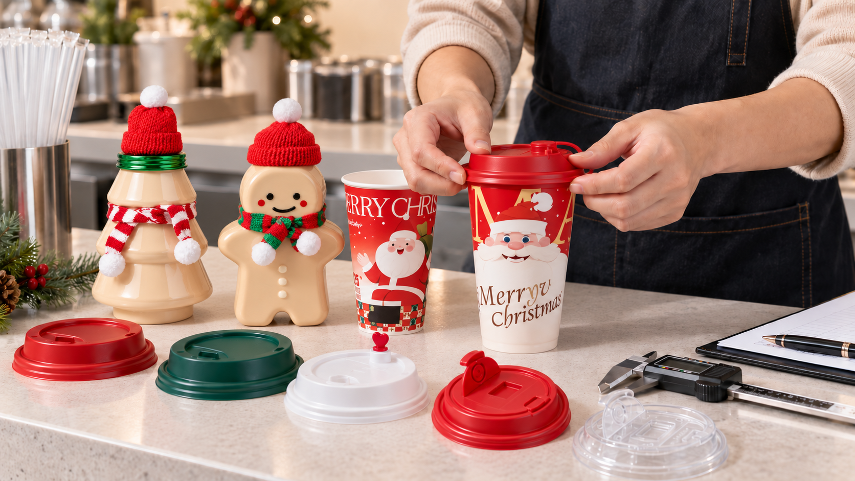 A beverage shop worker checks the fit of a red lid on a Christmas cup beside festive paper cups, novelty bottles, and assorted lids.