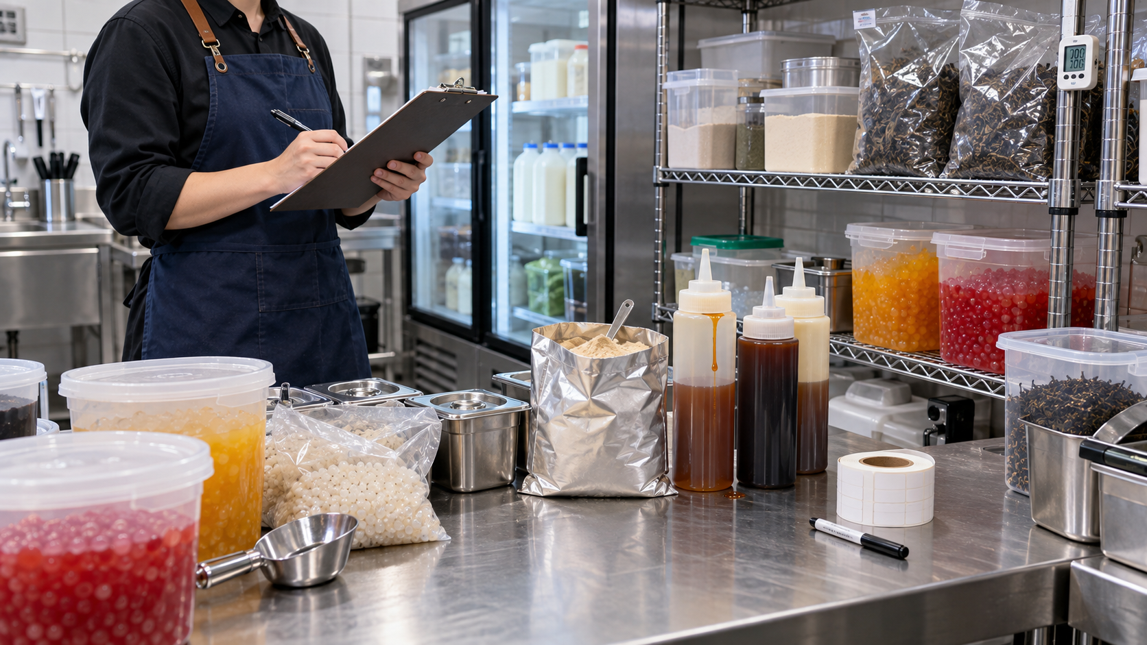 A shop manager reviews bubble tea ingredient storage for powders, syrups, tea leaves, and popping boba.