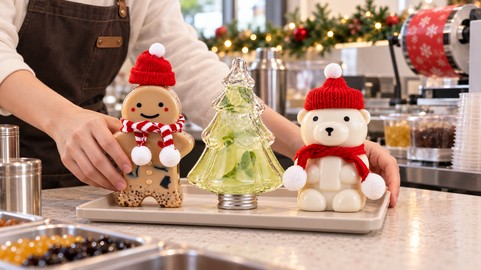 A beverage shop worker places gingerbread, Christmas tree, and seated bear PET drink bottles on a pickup tray.