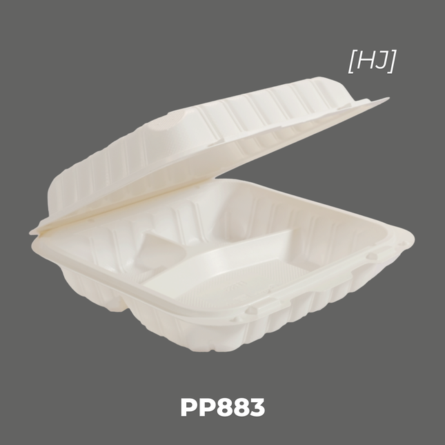 [PP883 Series] 8" x 8" x 3" White Mineral-Filled 3 Compartment Hinged Lid Takeout Container - 150/Case