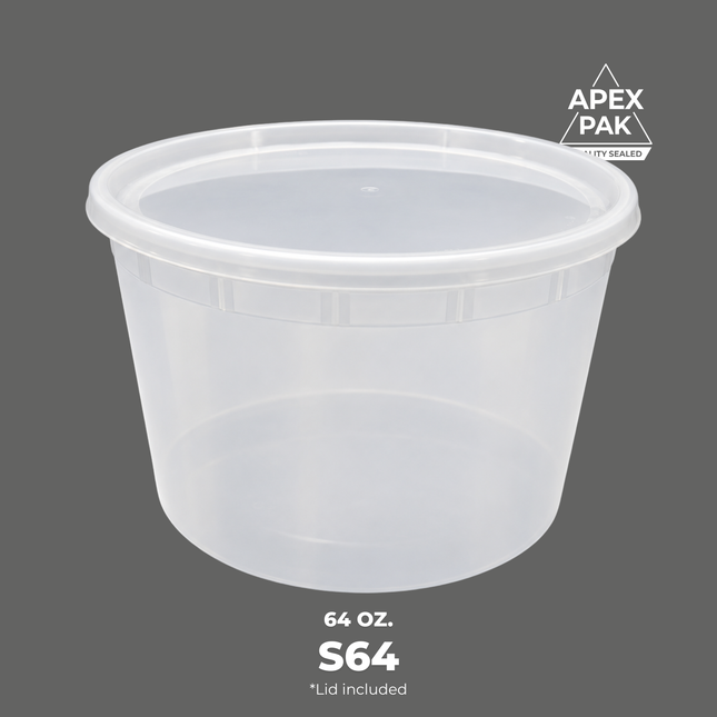 [S64] 64 oz. Round Microwavable Translucent Plastic Deli Container and Lid Combo Pack 4 1/2" [120pcs/cs]