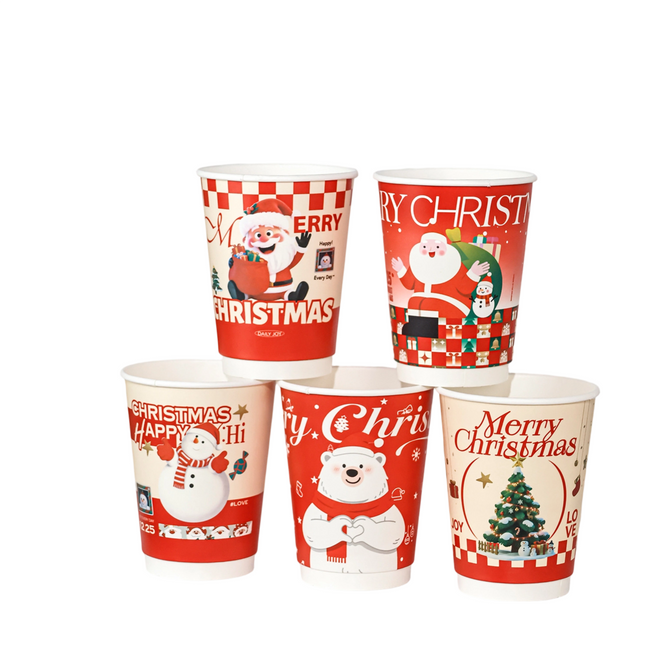 Diameter 90-360ml / 12oz Christmas Double-Wall Paper Hot Cup (5 Assorted Designs Included) 500pcs/Case