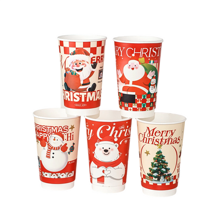 Diameter 90-500ml / 16oz Christmas Double-Wall Paper Hot Cup (5 Assorted Designs Included) 500pcs/Case