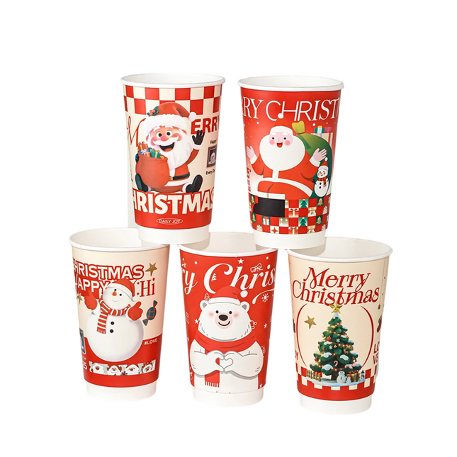 Diameter 90-500ml / 16oz Christmas Double-Wall Paper Hot Cup (5 Assorted Designs Included) 500pcs/Case