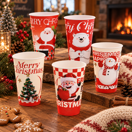 Diameter 90-500ml / 16oz Christmas PP Injection Cup Flat Bottom (IML, 5 Assorted Designs Included) 500pcs/Case