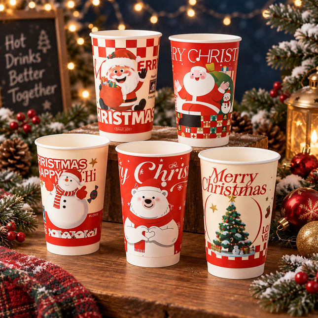 Diameter 90-500ml / 16oz Christmas Double-Wall Paper Hot Cup (5 Assorted Designs Included) 500pcs/Case