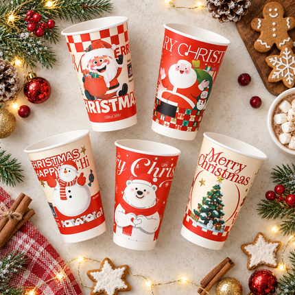 Diameter 90-500ml / 16oz Christmas Double-Wall Paper Hot Cup (5 Assorted Designs Included) 500pcs/Case