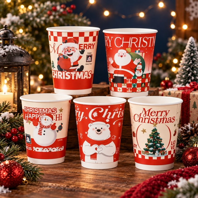 Diameter 90-360ml / 12oz Christmas Double-Wall Paper Hot Cup (5 Assorted Designs Included) 500pcs/Case