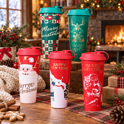 Diameter 90-650ml / 22oz Christmas PP Injection Cup (IML, 5 Assorted Designs Included) 500pcs/Case