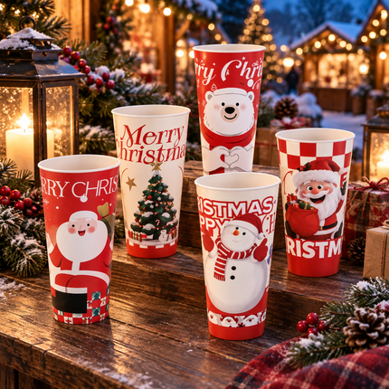 Diameter 90-700ml / 24oz Christmas PP Injection Cup Flat Bottom (IML, 5 Assorted Designs Included) 500pcs/Case