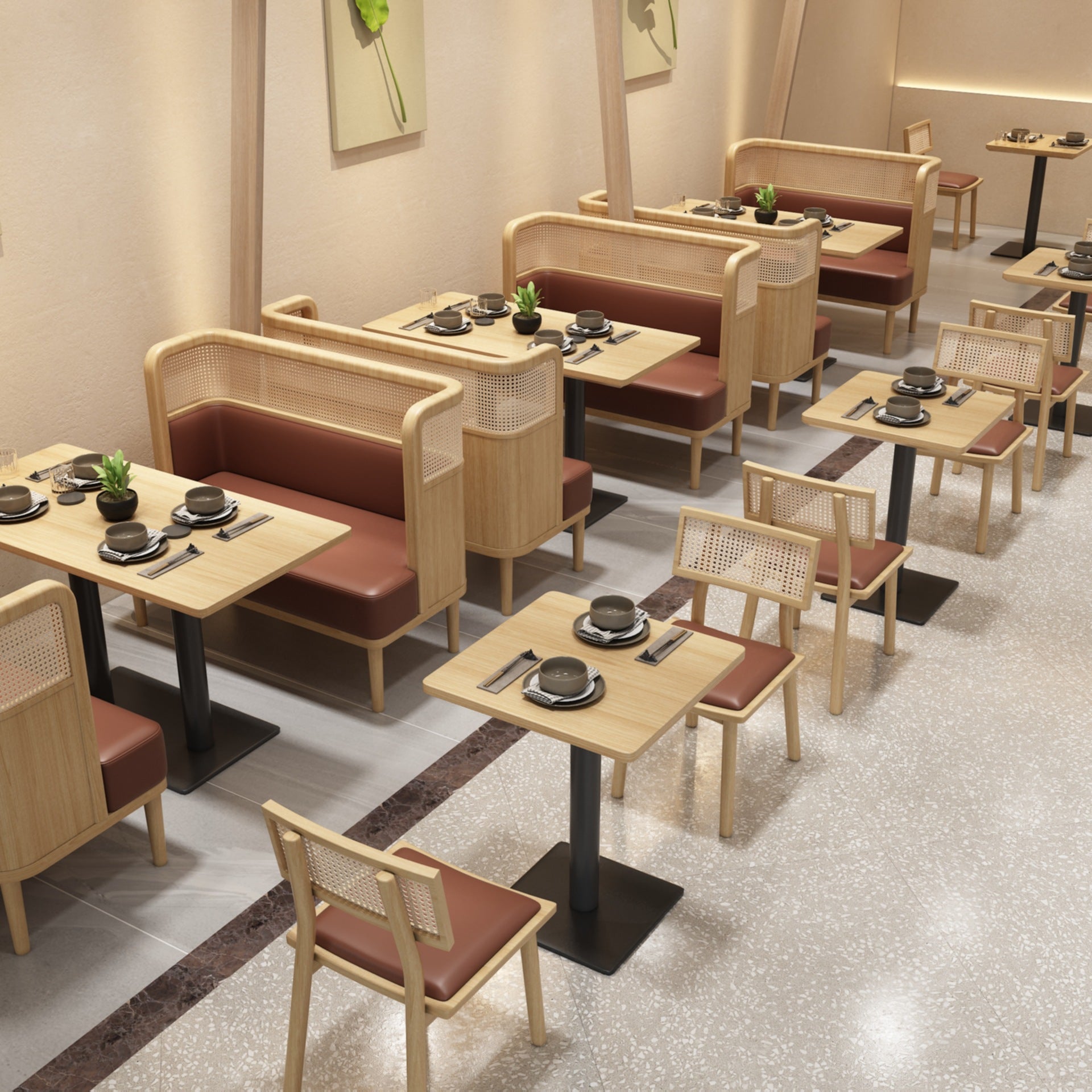 Hotpot Restaurant Solid Wood Booths Bench Wall Style Seating Rattan Se ...