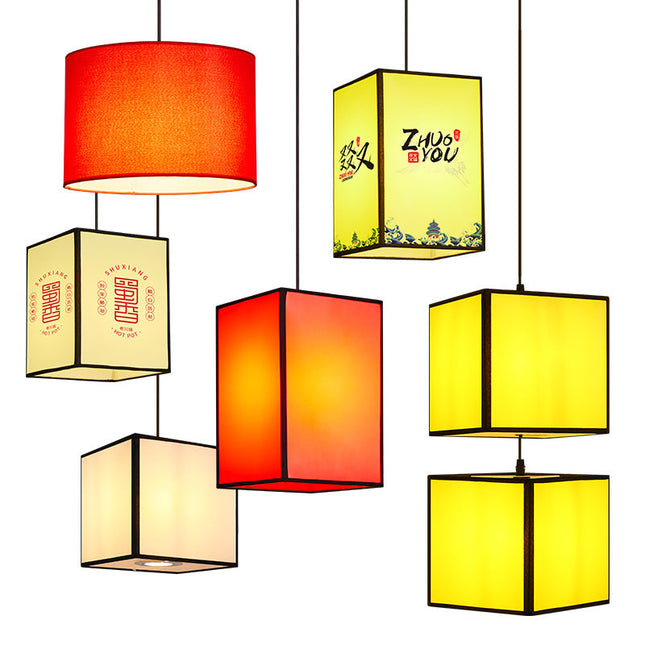 Chinese Style Cube Simple Lantern Hanging Lights Fabric Shade Geometric Pendant Lamp For Restaurant Living Room